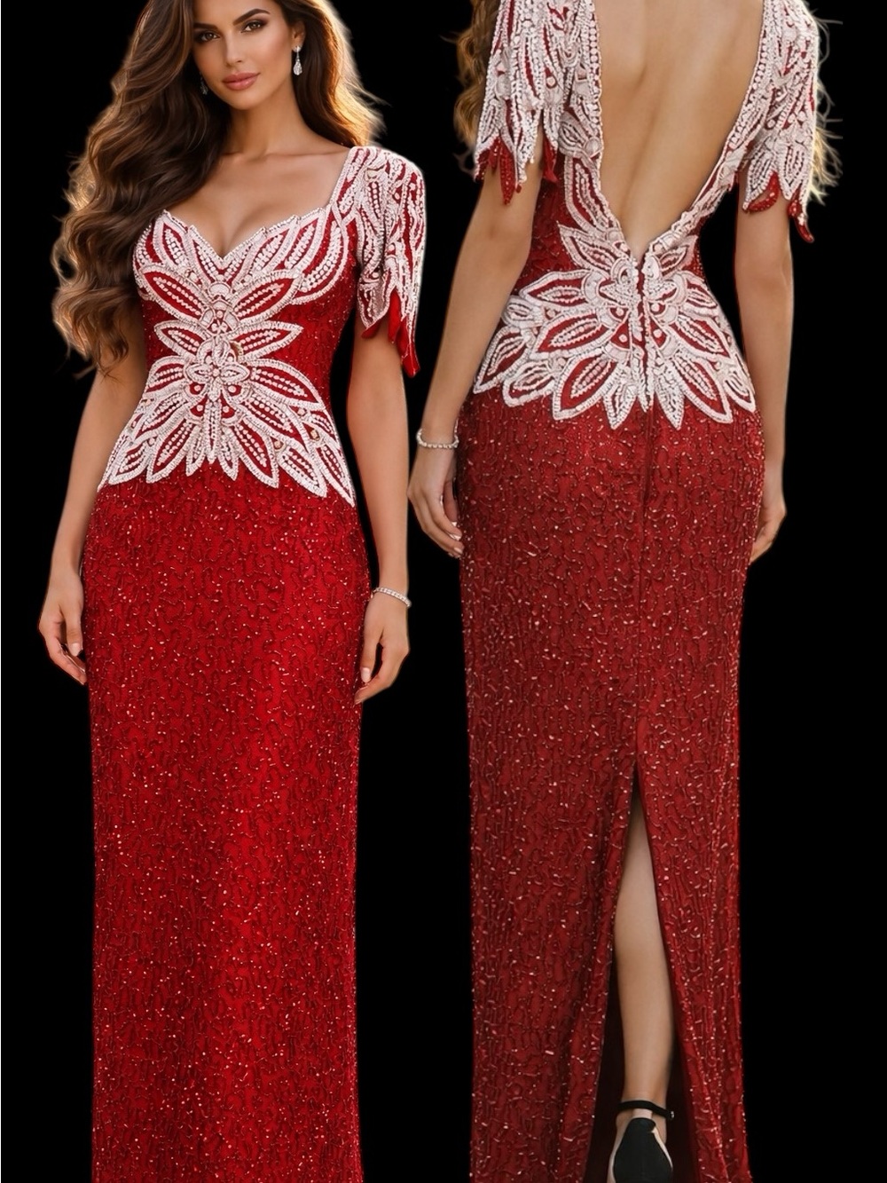 Vintage Silk Sequin Beaded Evening Formal Prom Long Maxi Dress (Fixer)